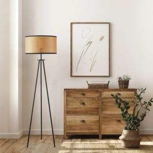 Lámpara de pedestal E27 Ian base negra pantalla ratán 160cm