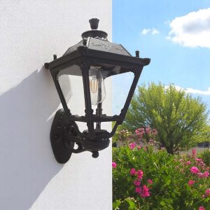 Farol de pared clásico E27 negro difusor claro IP44