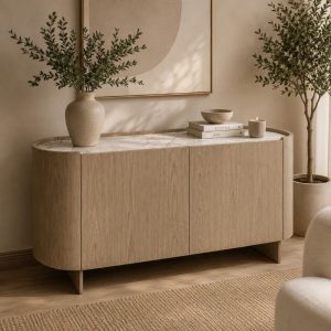 Bufetera Ema con top de cerámica blanca con base beige