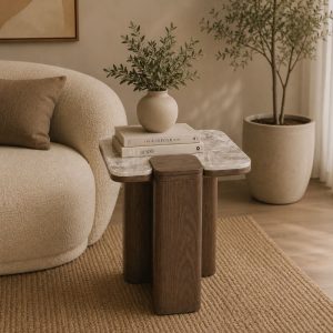 Mesa auxiliar cuadrada 40x40 Sol top de marmol base marrón