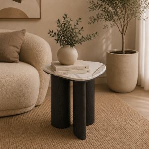Mesa auxiliar ovalada Mila top de cerámicacon  base negra