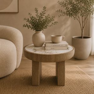 Mesa auxiliar Ema Ø60 top de cerámica y base beige