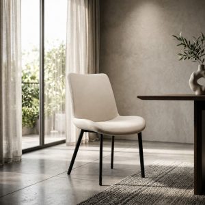 Silla de comedor sin brazos Tammy tapiz tipo cuero crema