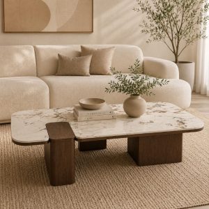 Mesa de centro rectangular Sol con top de marmol base marrón