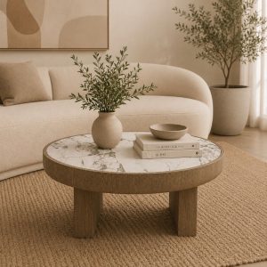 Mesa de centro Ø80 Ema con top de cerámica y base beige