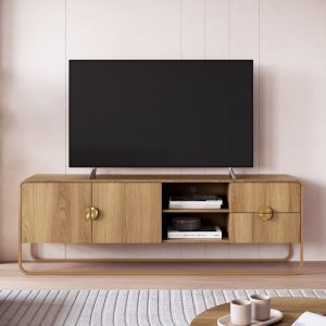 Rack para TV 70" Gaia café camel con tiraderas doradas