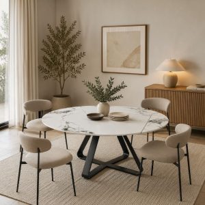 Mesa de comedor redonda Ø135 giratoria y extensible top gris