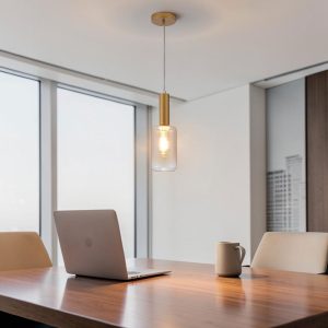 Lámpara colgante E27 Fran de metal dorado vidrio ambar