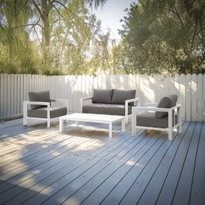Set sala de exterior Marshal aluminio blanco cojines grises