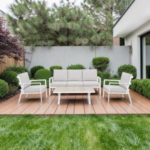 Set sala de exterior Fanky de aluminio blanco cojines grises