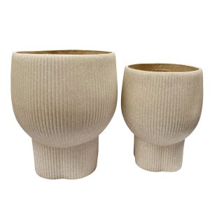 Set x2 maceteros redondos estriados de piedra mineral crema