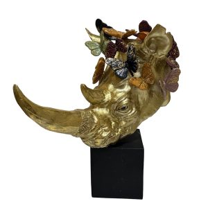 Rinoceronte con mariposas resina dorado soporte negro