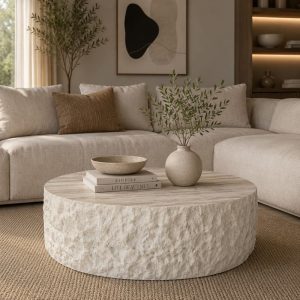 Mesa de centro Aeris con acabado travertino blanco Ø100cm
