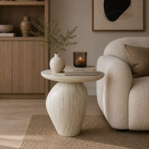 Mesa auxiliar Zyra con acabado travertino beige