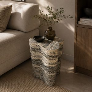 Mesa auxiliar Cyrex con acabado travertino gris