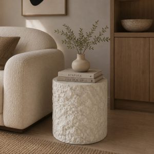 Mesa auxiliar Aeris con acabado travertino blanco Ø40cm