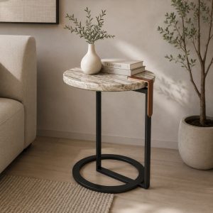 Mesa auxiliar Orvex con top tipo mármol y base de metal