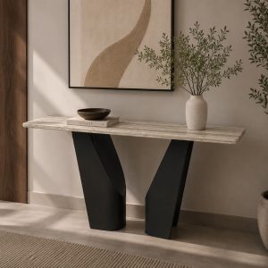 Consola Aluna top con acabado travertino y base de metal
