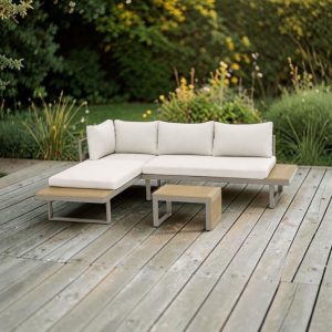 Set sala de exterior Poissy aluminio taupe + polywood