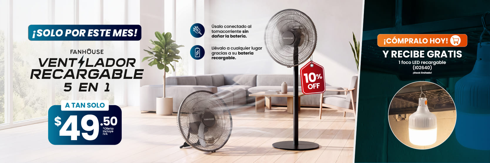 ventilador recargable con descuento y foco de regalo